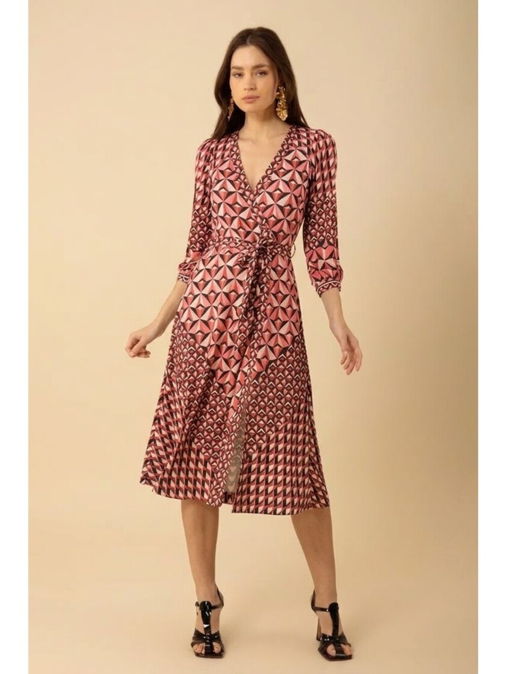 NWT Hale Bob Anaya Geometric Faux Wrap Midi Dress - Coral - Size S